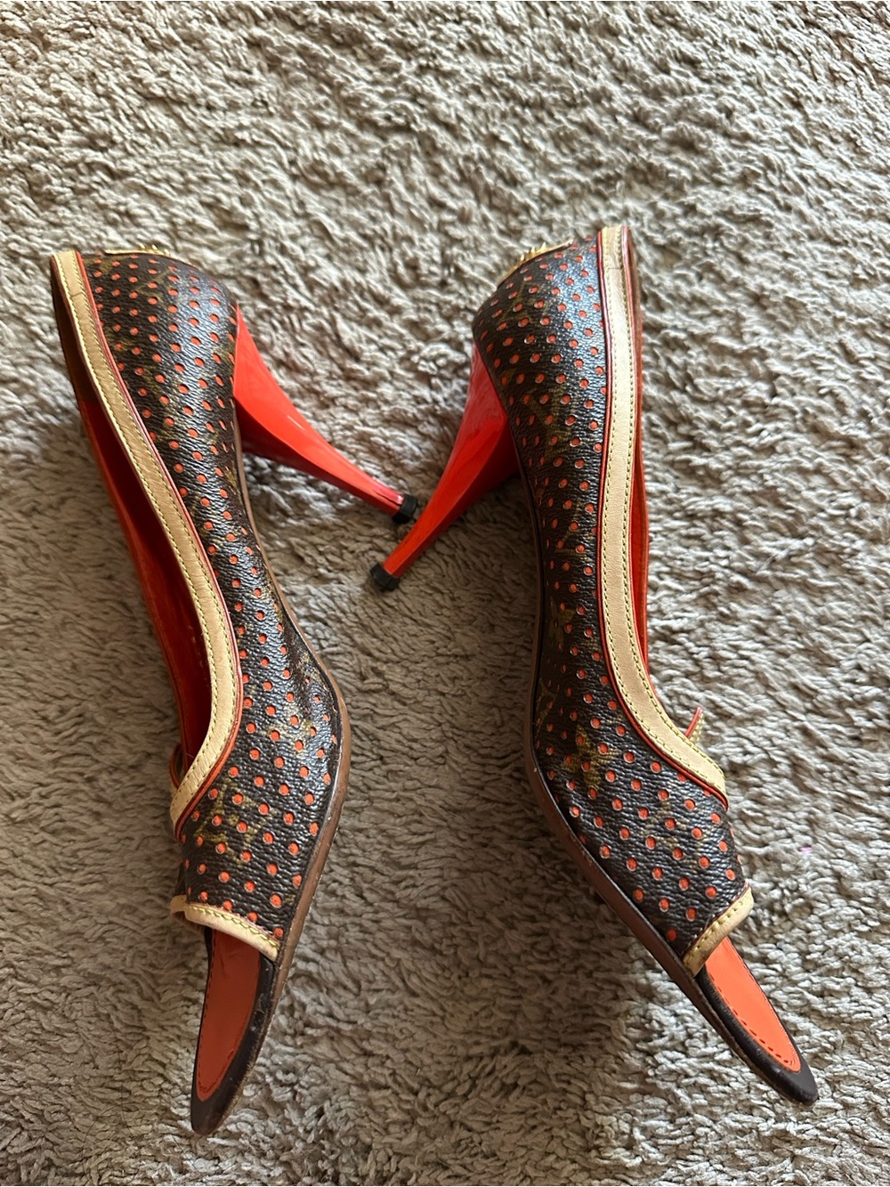 Louis Vuitton Monogram Perforated Peep Toe Heels Orange Size 39.5 Padlock - Picture 3 of 10